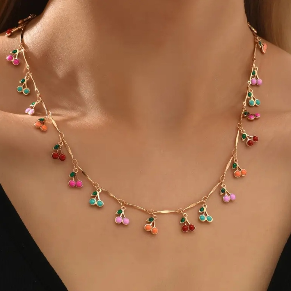 NEW Colorful Cherry Charm Gold Necklace